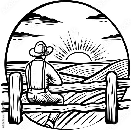 Farmer sitting on fence watching sunrise over farmland at dawn in countryside scene