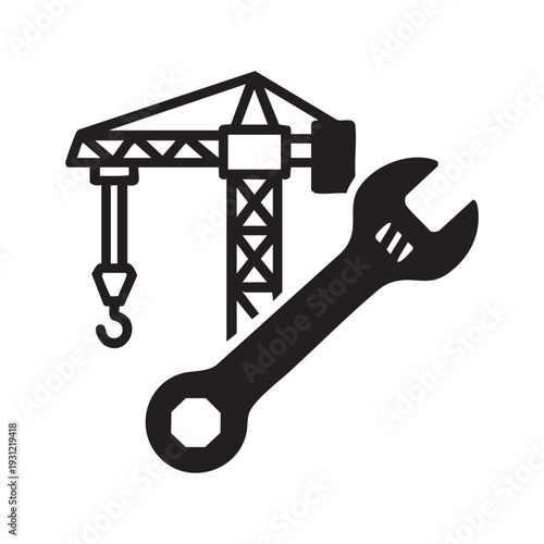 A crane and a wrench are shown in a simple black and white drawing