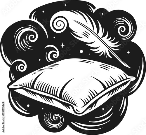 Soft pillow and feather floating in swirling clouds comfort, sleep, relaxation, dreamy night illustration