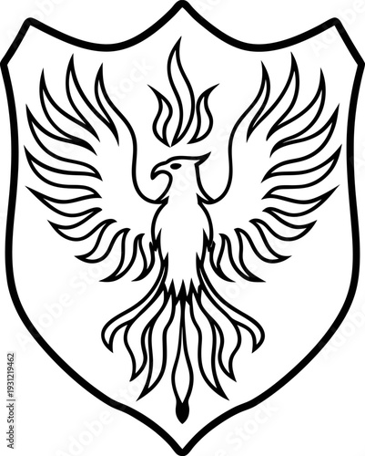 Phoenix rising emblem on shield with flames, mythological bird symbol of rebirth and immortality design