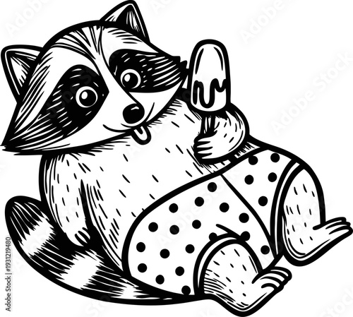 Cute raccoon relaxing and enjoying a popsicle, wearing polka dot shorts, playful and fun animal illustration