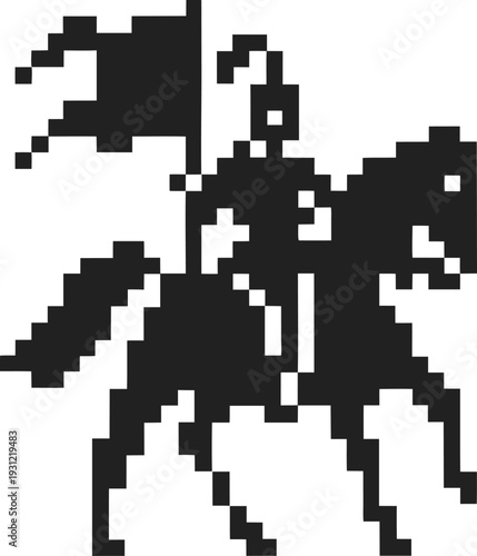 Pixel art black knight on horse holding flag medieval warrior gaming icon