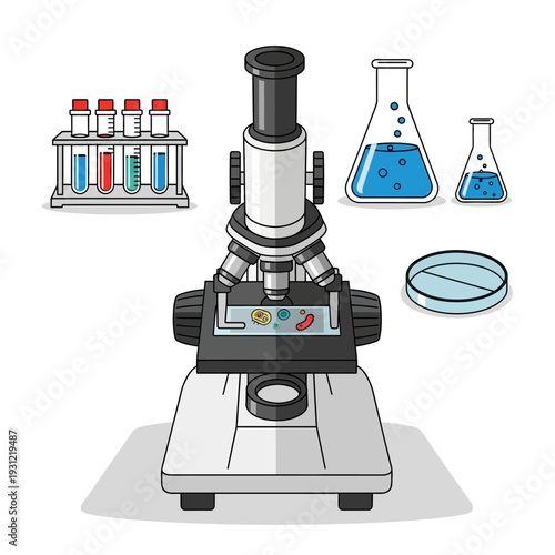 Microscope with lab equipment, test tubes, beakers, and petri dish for scientific research