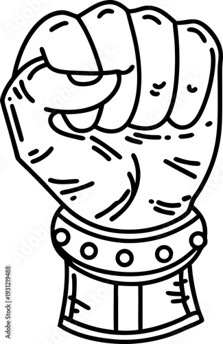 raised clenched fist with spiked wristband hand gesture symbolizing strength, power, unity, and resistance