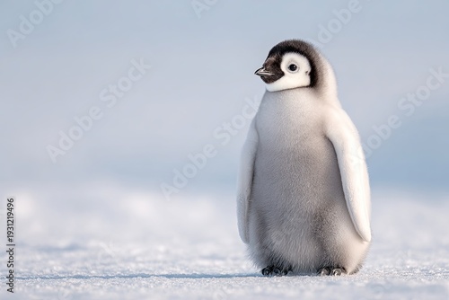 Adorable baby penguin chick standing on icy ground, looking away from camera with fluffy downy feathers