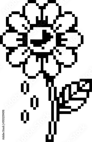 Pixelated black and white flower with falling seeds and single leaf, simplistic digital garden illustration