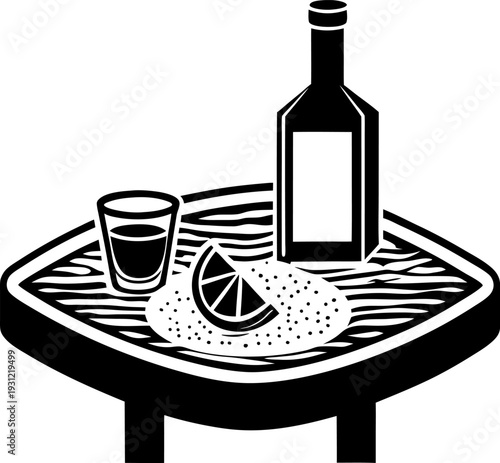 Bottle, glass, lemon wedge, and salt on a wooden table for classic tequila serving tradition