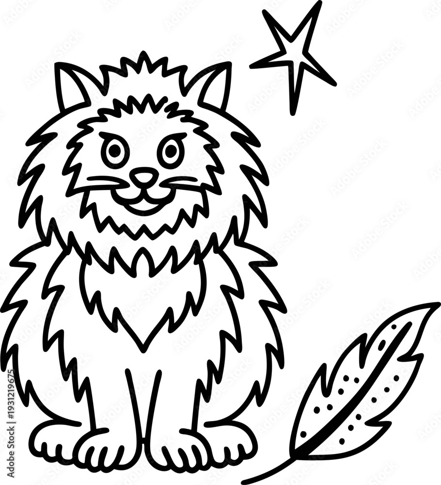 Obraz premium Fluffy cat sitting with a feather and star, cute feline animal illustration, playful pet drawing