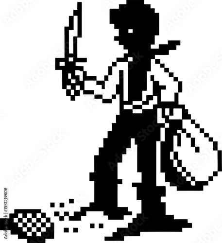 pixel art pirate character holding a knife and sack with treasure on the ground