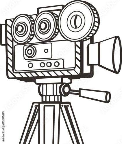 Vintage film camera on tripod with multiple lenses and viewfinder, classic cinema equipment illustration
