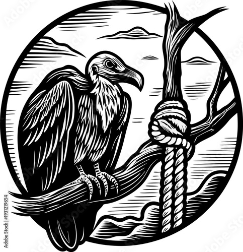 Vulture perched on tree branch with noose rope, black and white vintage wildlife illustration
