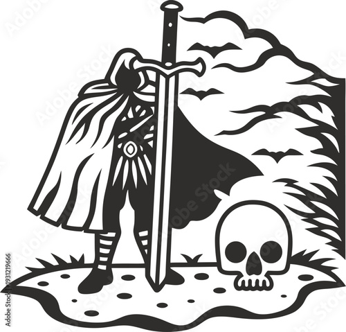 Medieval warrior standing with large sword and skull on ground, dark cloak flowing in the wind, ominous bats flying