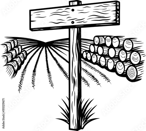 Wooden blank signpost in rural farmland with stacked logs and rows of crops in black and white