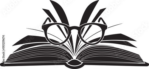 Stylish Reading Glasses Over an Open Book with Fanned Pages Black and White Icon Vector for Literary Concepts , Generative Ai