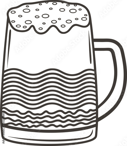 Illustration of a beer mug filled with foamy beer, classic drink glass with handle and bubbles on top