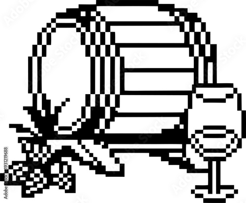 Pixel art wine barrel with glass and grapevine, retro digital design symbolizing winemaking and vineyard harvest