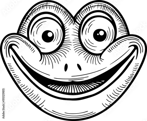 Smiling frog face with big eyes and wide grin, cheerful amphibian character illustration