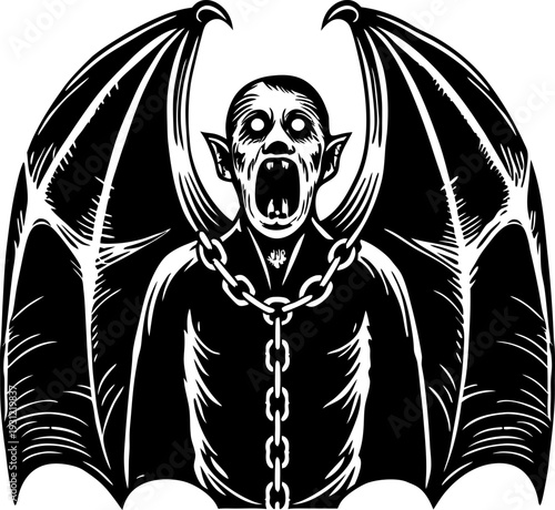 Chained vampire bat creature with open mouth and wings spread, gothic horror monster illustration