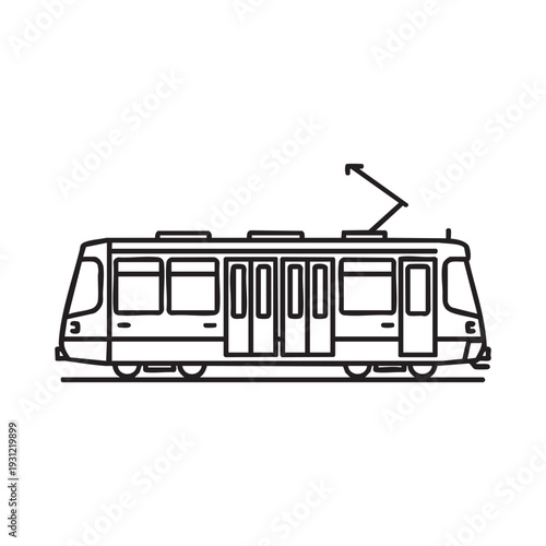 A black and white drawing of a city tram