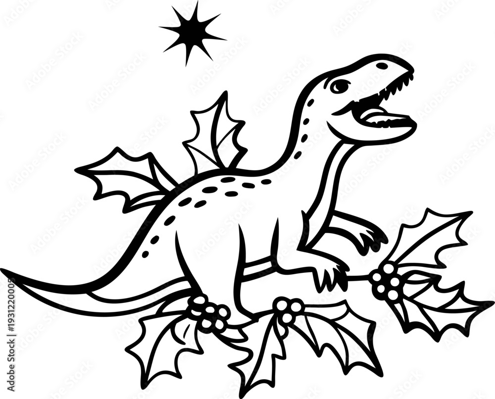 Obraz premium Dinosaur with holly leaves and berries festive prehistoric creature outline with holiday decoration and star