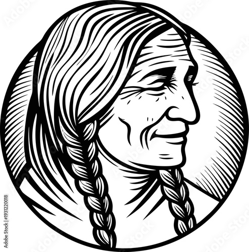profile of elderly woman with braided hair in circular frame, detailed black and white line art portrait