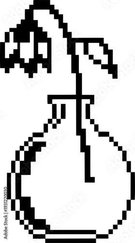 Pixel art of a wilting flower in a round vase, minimalistic black and white digital drawing with retro aesthetic