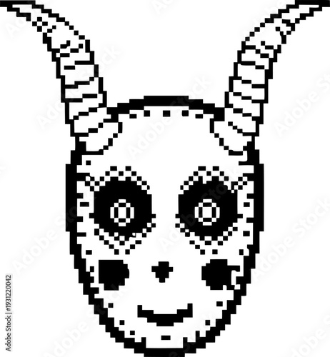 pixel art creepy goat mask with horns and dark eye sockets monochrome design