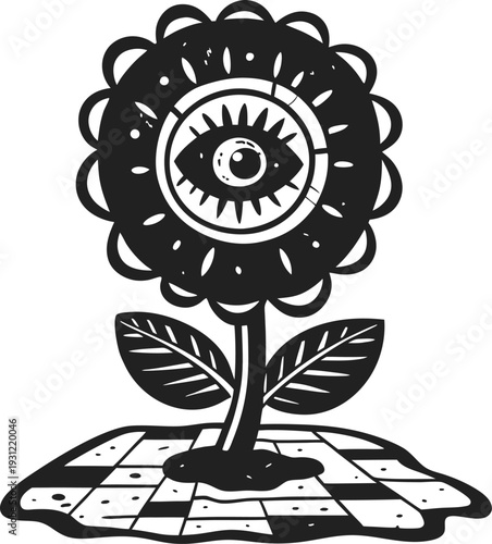 Abstract flower with eye in center growing from patterned ground, surreal plant design in black and white