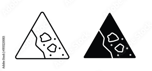 Falling rocks or debris warning road signs. black and white line icons pack.