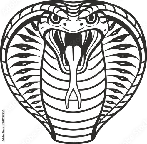 Fierce cobra snake head with hood spread wide, fangs bared and forked tongue out, detailed aggressive reptile design