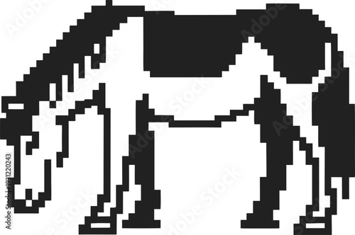 Pixel art black and white horse silhouette grazing on white background, minimalistic farm animal design