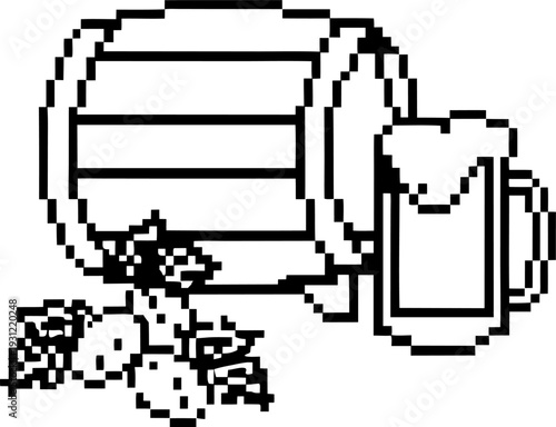 pixel art wooden barrel and glass mug filled with beer with hop cones and leaves