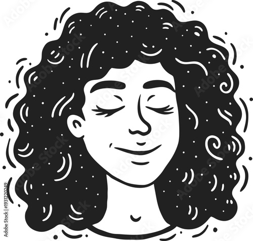 Relaxed young woman with curly hair and closed eyes, peaceful face expression, calm and content mood illustration