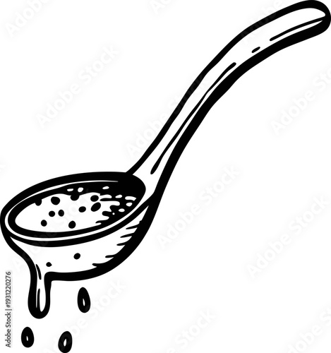 Ladle dripping liquid with droplets falling, kitchen utensil for serving soups or sauces
