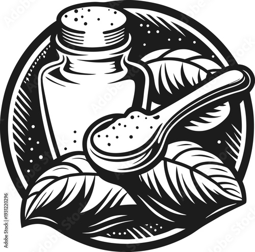 herbal salt seasoning with leaves and wooden spoon in vintage round design