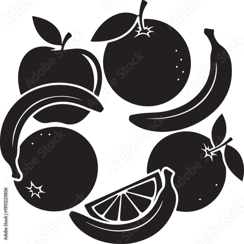 Black and white silhouette icon of various fresh fruits in a circular arrangement, including apple, oranges, bananas, and a lemon slice, symbolizing healthy eating and natural nutrition. , Generative 