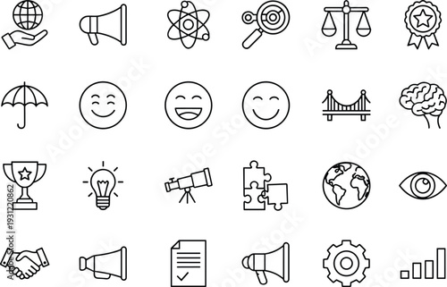 Collection of Professional Business and Strategy Line Icons Featuring Marketing Megaphones, Global Solutions, Creative Brainstorming, Success Trophies, and Analytical Growth Symbols