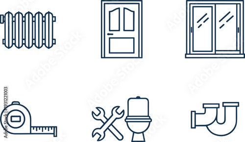 Collection of thin line icons for home renovation and plumbing services, featuring a radiator, door, window, tape measure, and toilet.
