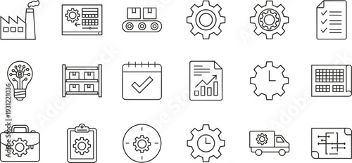 Collection of thin line icons for industrial production and manufacturing, featuring factory buildings, gear wheels, conveyor belts, and logistics symbols.