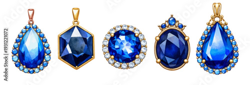 A charming watercolor collection of blue sapphire earrings, including oval, hexagon, and teardrop cuts.