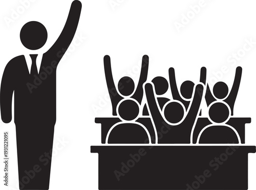 Black silhouette icon portraying a speaker or presenter addressing an audience with multiple raised hands, symbolizing engagement, questions, active participation, and group interaction. , Generative 