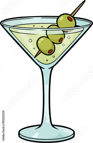 Whimsical Cartoon Martini Cocktail Glass with Three Glossy Green Olives on Toothpick Garnish, Dirty Martini Vector Icon