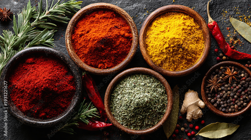 Fototapeta premium colorful spice bowls with paprika turmeric and chili powders showcasing aromatic organic herbs and natural seasoning ingredients for healthy gourmet cooking