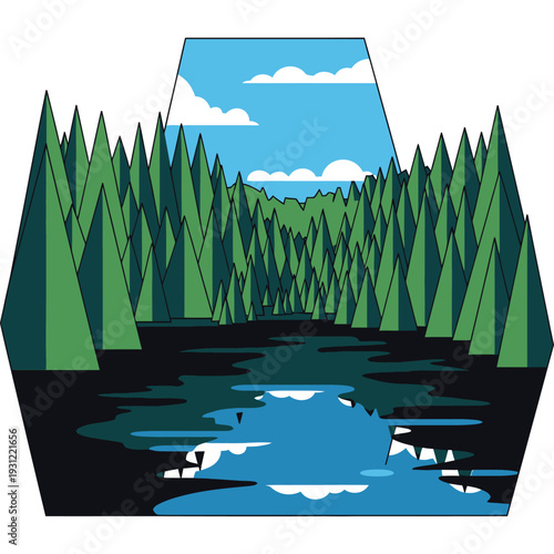 Symmetric pine forest surrounding dark lake with sky reflection in hexagonal frame