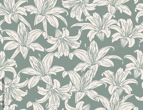 Lily Flower Seamless Pattern Minimalist Style. Floral Blooming Wallpaper Design. Line Art Botanical Textured Print Art. Vector Outline Plants Illustration.