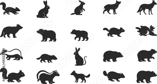 Forest animal silhouettes set with fox, bear, rabbit, squirrel and skunk, woodland wildlife collection isolated for nature illustration, fauna design and outdoor themes