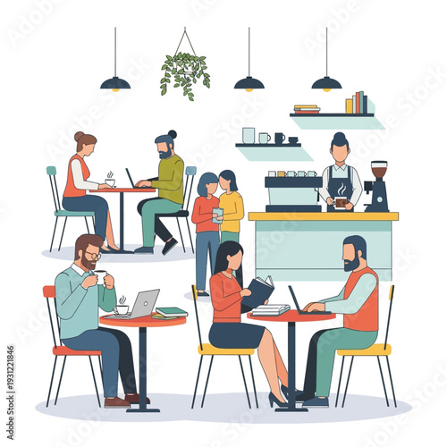 People enjoying coffee at a modern cafe, working and socializing