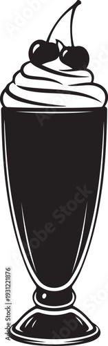 Classic silhouette illustration of a tall glass milkshake topped with generous whipped cream and two cherries, evoking vintage diner appeal, sweet drinks, and refreshing dessert treats. , Generative A