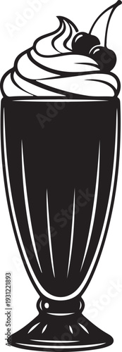 Elegant silhouette illustration of a creamy milkshake in a tall glass, adorned with luscious whipped cream and a cherry topping, perfect for dessert menus, sweet indulgences, and retro-themed designs.
