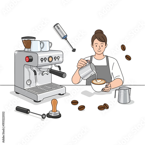 Barista making latte art with espresso machine and coffee beans, illustration